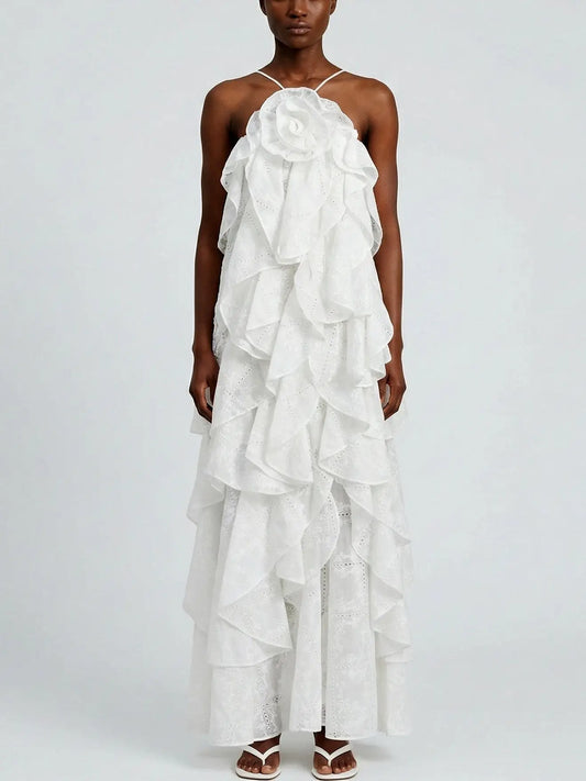 Ruffle Tiered Sleeveless White Maxi Dress - S - Dresses