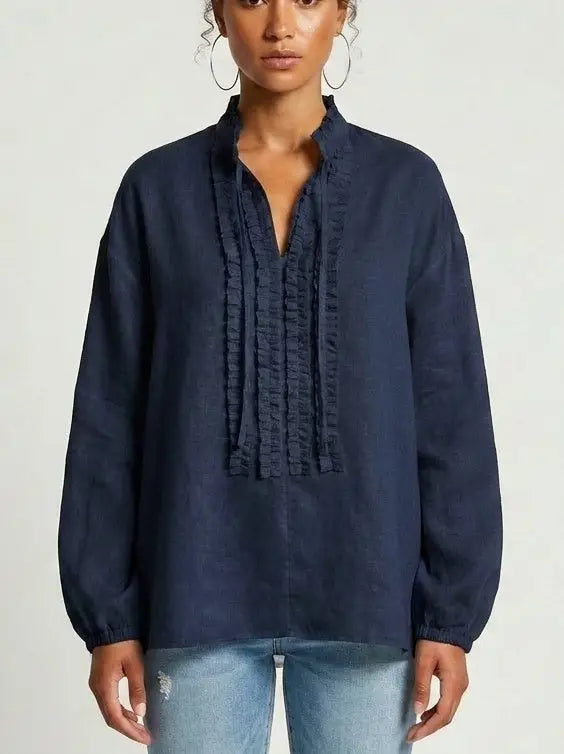 Ruffle Front Linen Blend Blouse with Tie Neck - Small / Navy - Tops