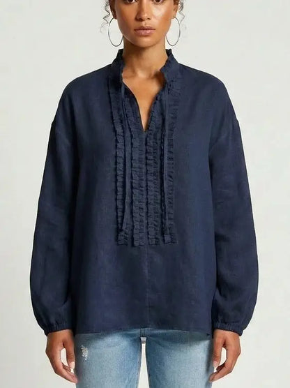 Ruffle Front Linen Blend Blouse with Tie Neck - Small / Navy - Tops
