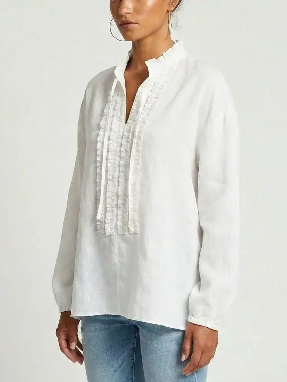 Ruffle Front Linen Blend Blouse with Tie Neck - Tops
