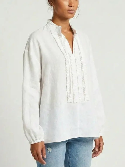 Ruffle Front Linen Blend Blouse with Tie Neck - Tops