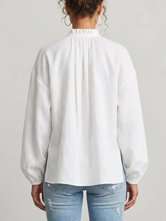 Ruffle Front Linen Blend Blouse with Tie Neck - Tops