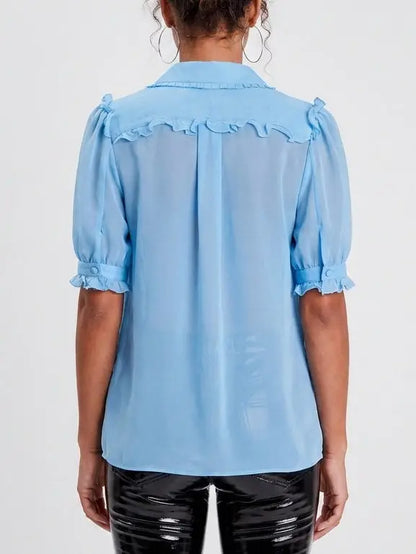 Ruffle Front Sheer Silk Short-Sleeve Blouse - Tops