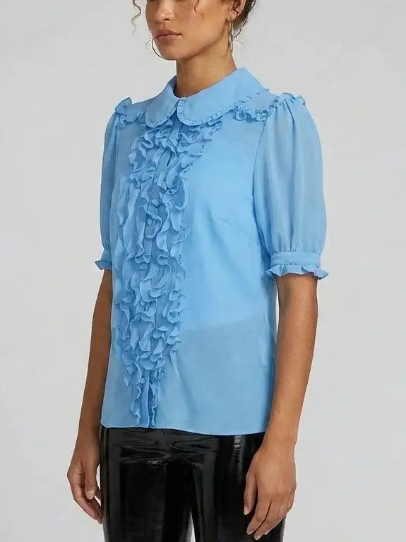 Ruffle Front Sheer Silk Short-Sleeve Blouse - Tops