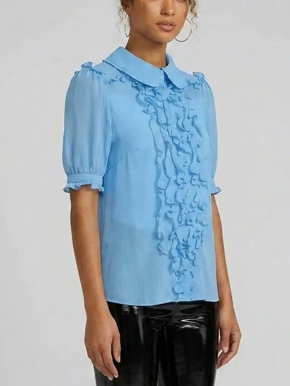 Ruffle Front Sheer Silk Short-Sleeve Blouse - Tops