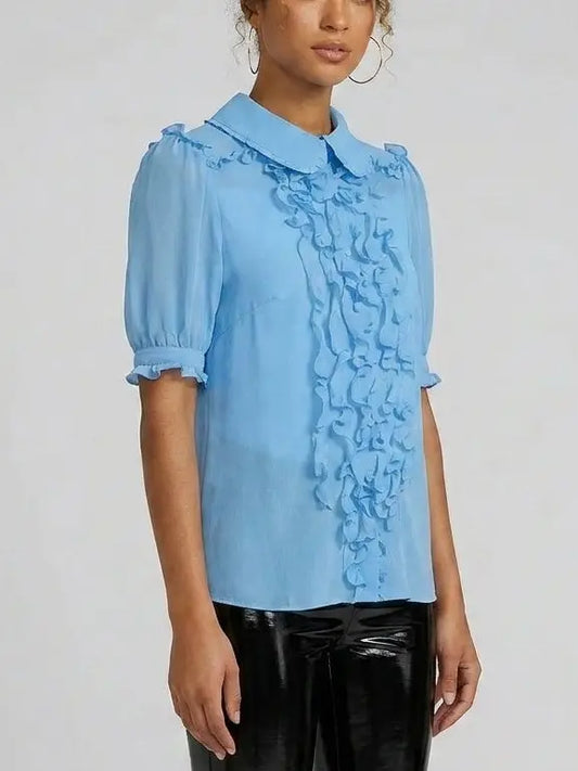 Ruffle Front Sheer Silk Short-Sleeve Blouse - Tops