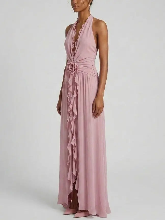 Ruffle Halter Open Back Maxi Dress - Dresses