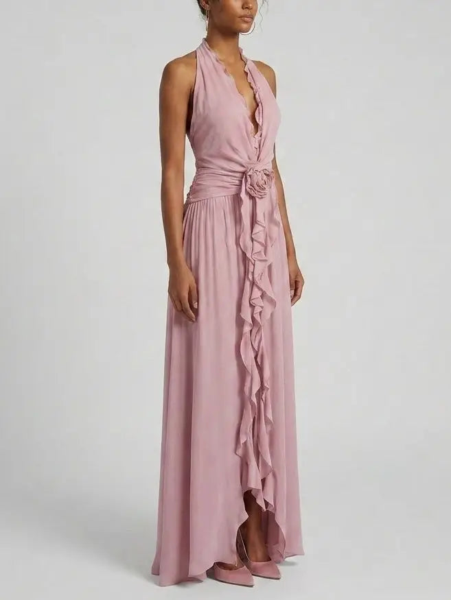 Ruffle Halter Open Back Maxi Dress - Dresses