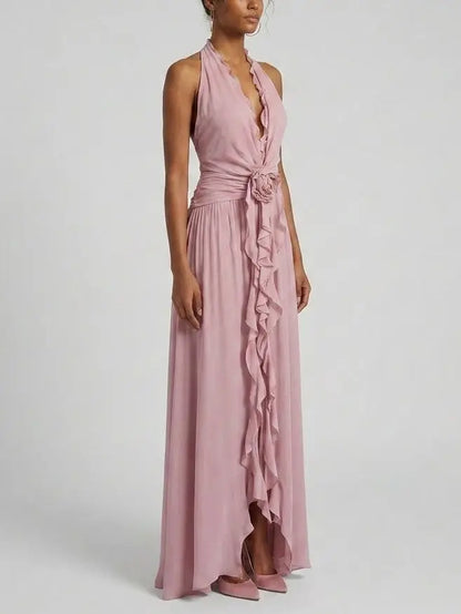 Ruffle Halter Open Back Maxi Dress - Dresses
