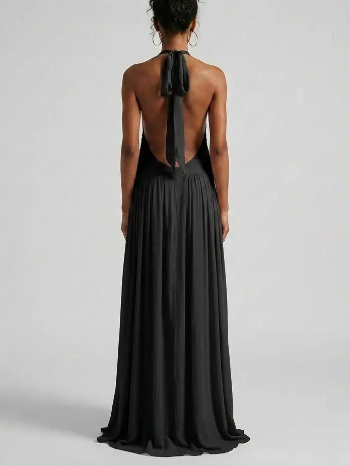 Ruffle Halter Open Back Maxi Dress in Pink and Black Ruffle Halter Open Back Maxi Dress in Pink and Black