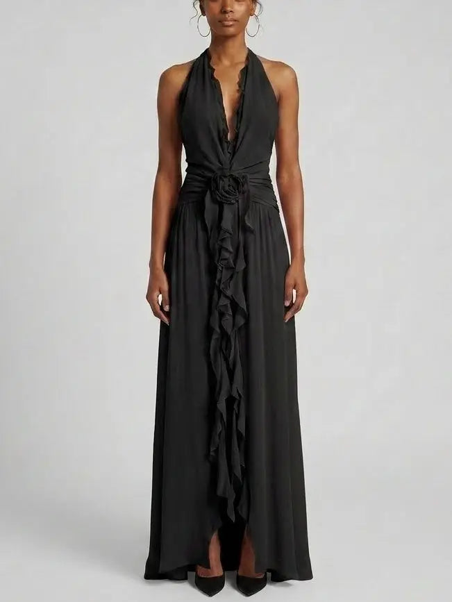 Ruffle Halter Open Back Maxi Dress in Pink and Black