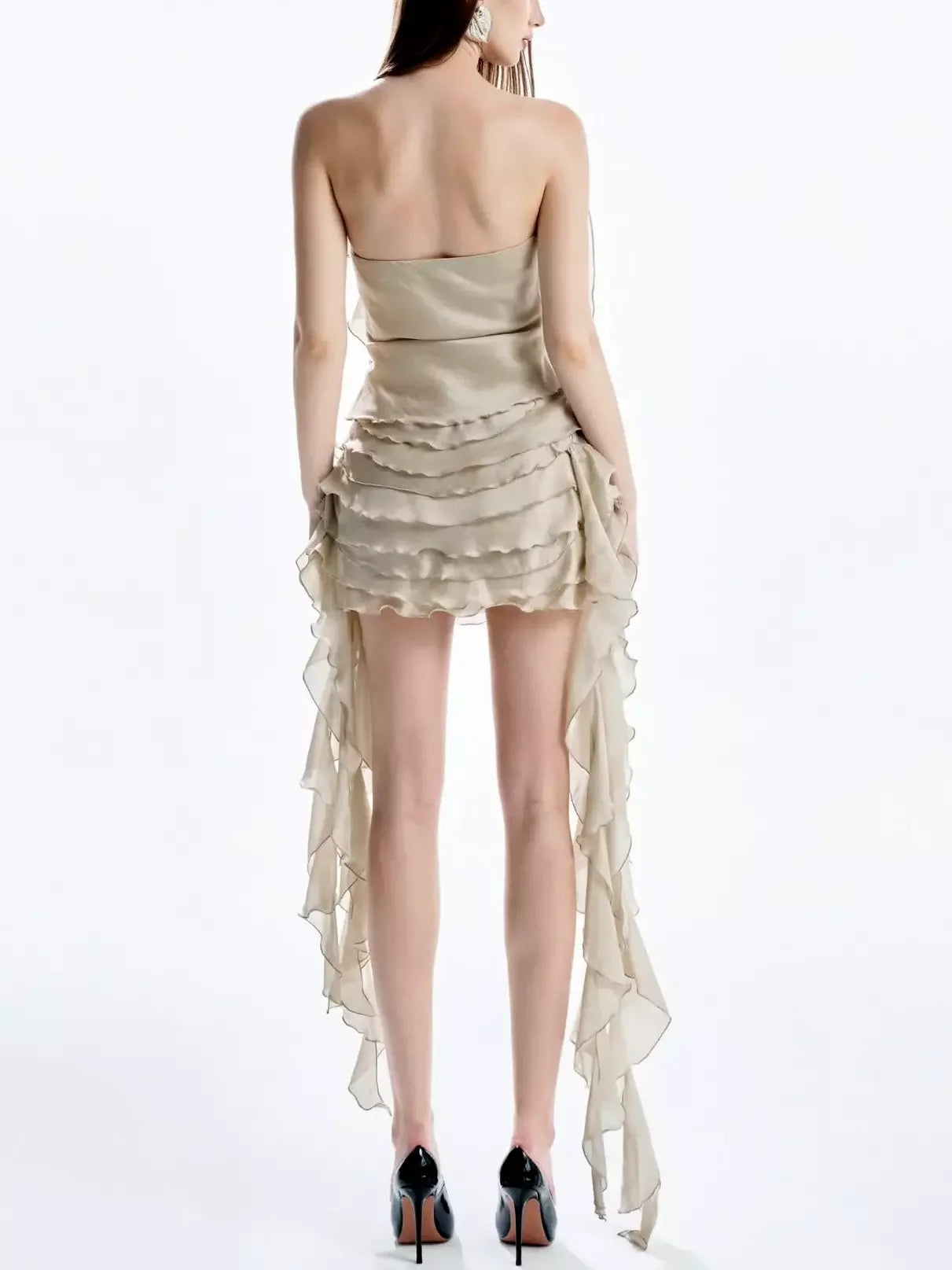 Ruffle Layered Strapless Mini Dress with Draping - Dresses