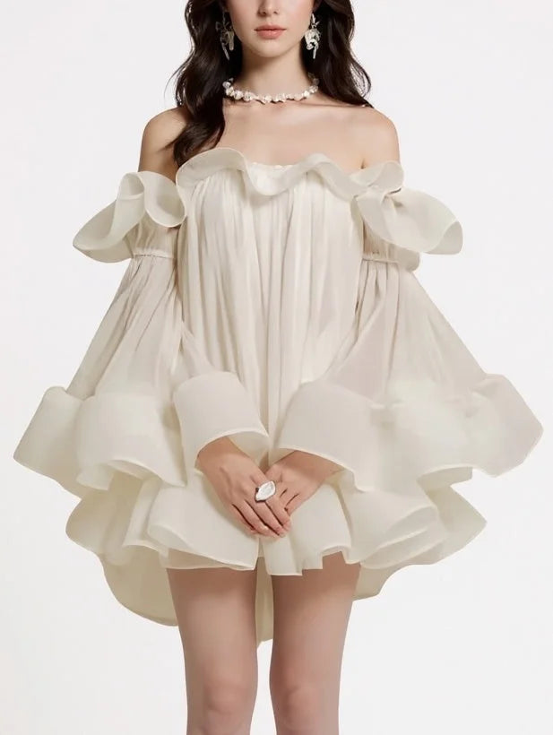 Ruffle Off Shoulder Flared Babydoll Mini Dress Dresses