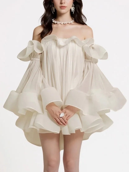 Ruffle Off Shoulder Flared Babydoll Mini Dress Dresses
