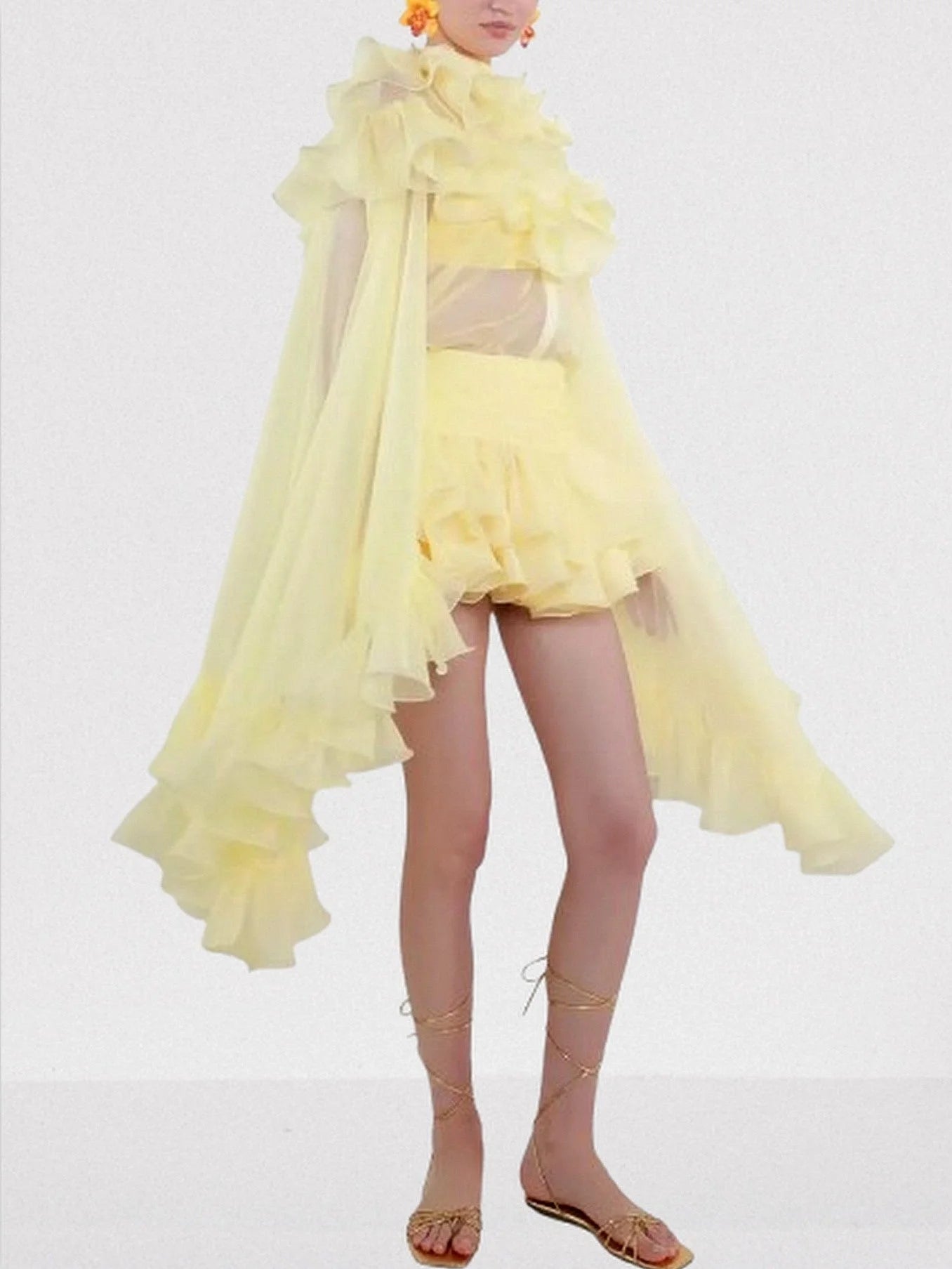 Ruffle Tiered Blouse and Skirt Set in Pale Yellow - Suits & Sets