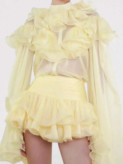 Ruffle Tiered Blouse and Skirt Set in Pale Yellow - Suits & Sets