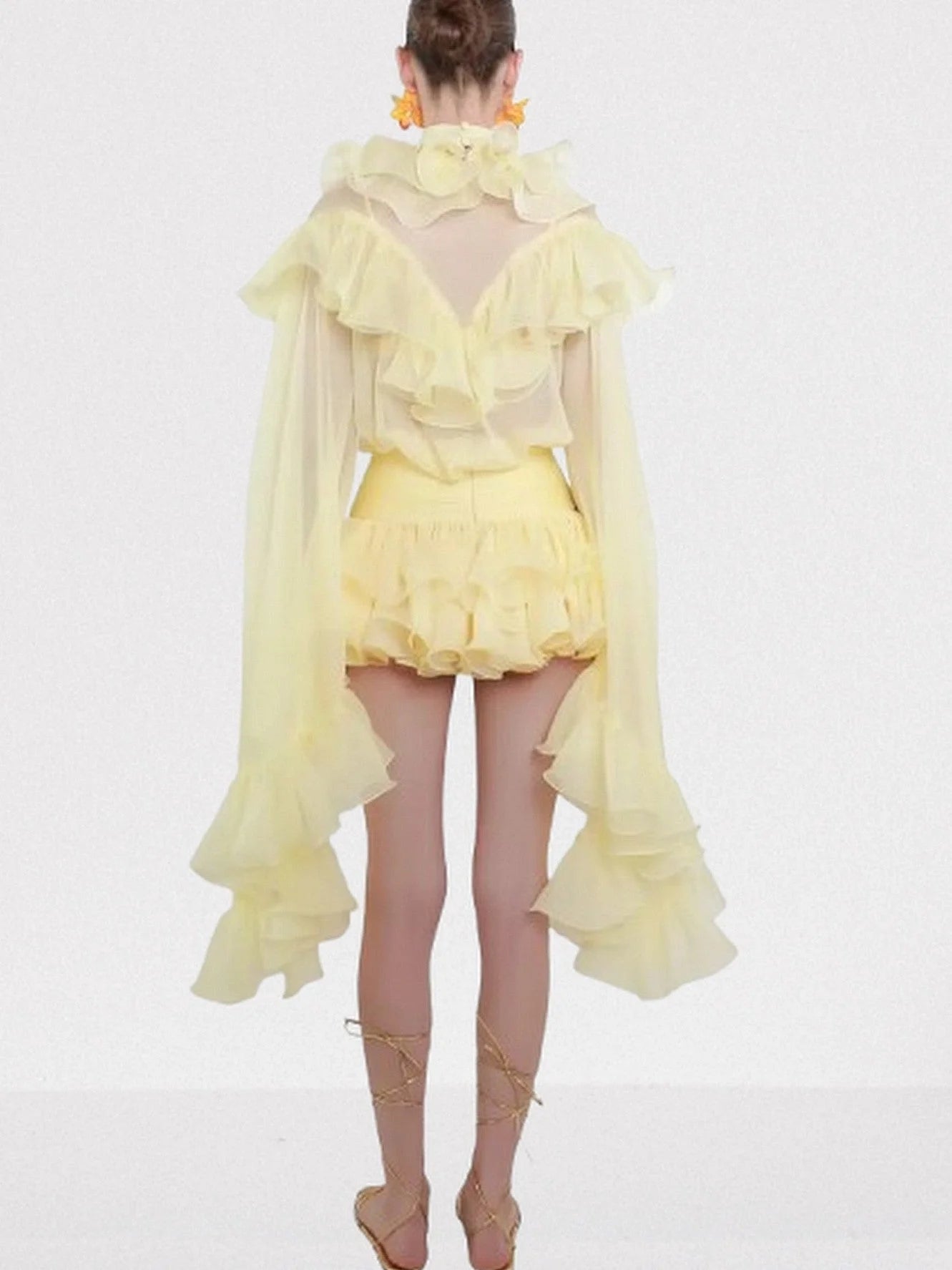 Ruffle Tiered Blouse and Skirt Set in Pale Yellow - Suits & Sets