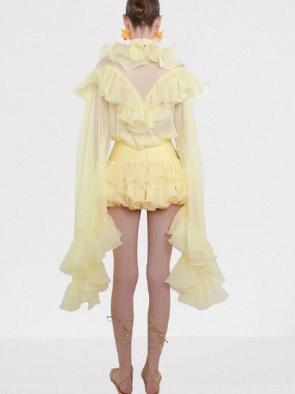 Ruffle Tiered Blouse and Skirt Set in Pale Yellow - Suits & Sets