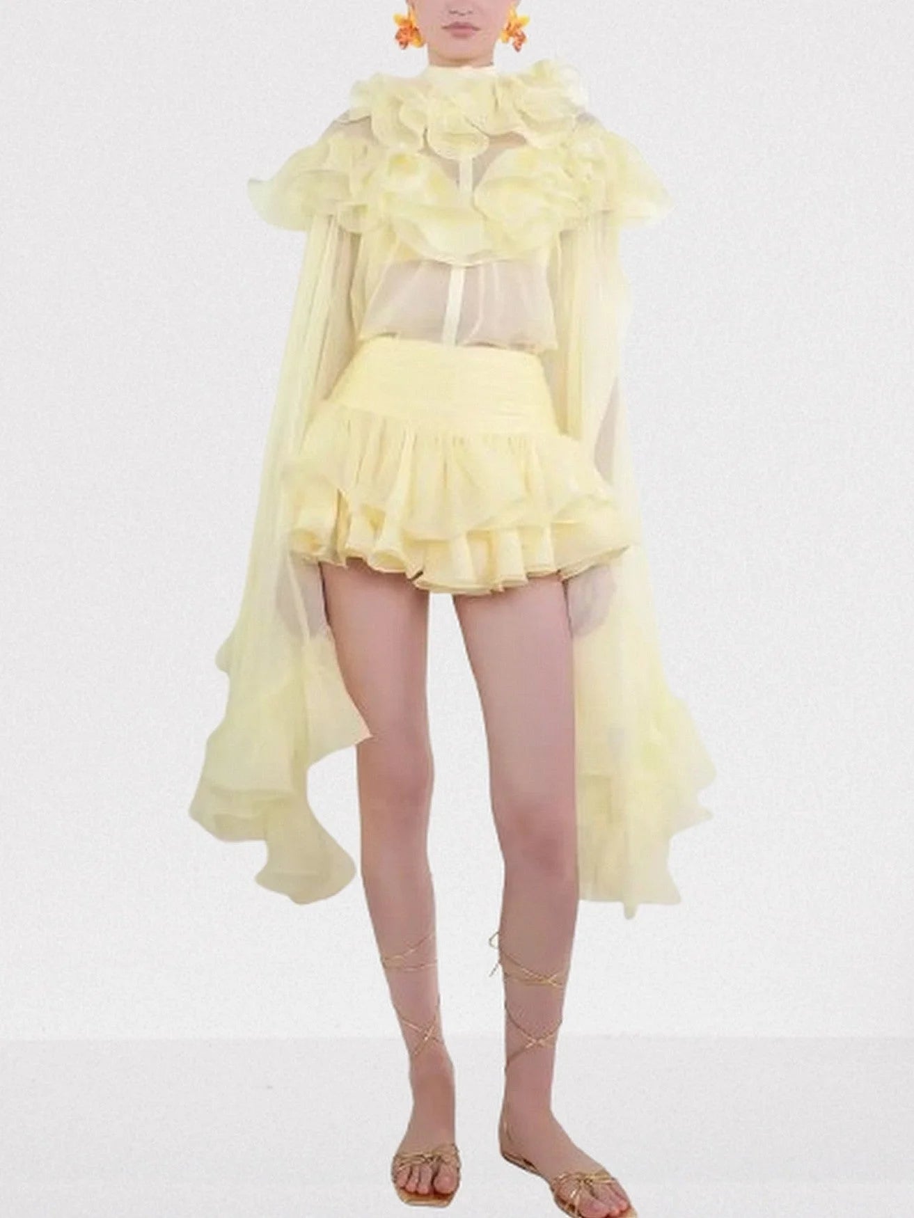 Ruffle Tiered Blouse and Skirt Set in Pale Yellow - Suits & Sets