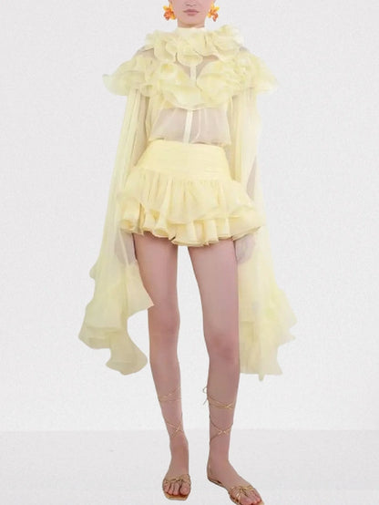 Ruffle Tiered Blouse and Skirt Set in Pale Yellow - Suits & Sets
