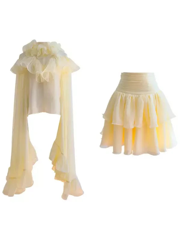 Ruffle Tiered Blouse and Skirt Set in Pale Yellow - Suits & Sets