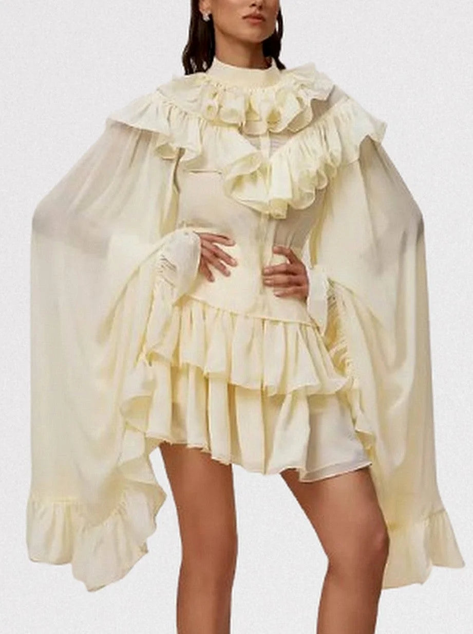 Ruffle Tiered Blouse and Skirt Set in Pale Yellow - Small - Suits & Sets