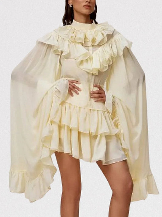 Ruffle Tiered Blouse and Skirt Set in Pale Yellow - Small - Suits & Sets