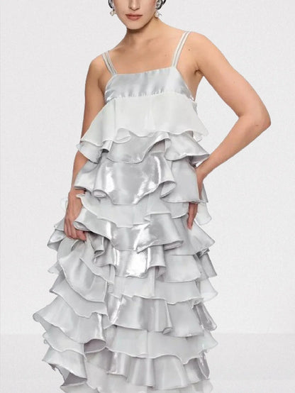 Ruffle Tiered Chiffon and Satin Midi Dress - Dresses