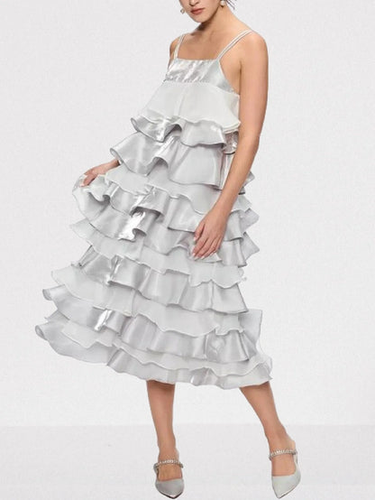 Ruffle Tiered Chiffon and Satin Midi Dress - Dresses