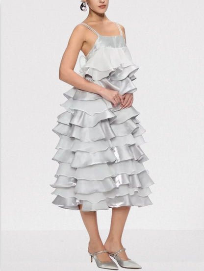 Ruffle Tiered Chiffon and Satin Midi Dress - Dresses