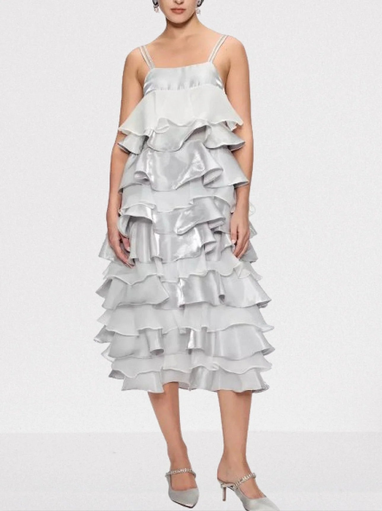 Ruffle Tiered Chiffon and Satin Midi Dress - Dresses
