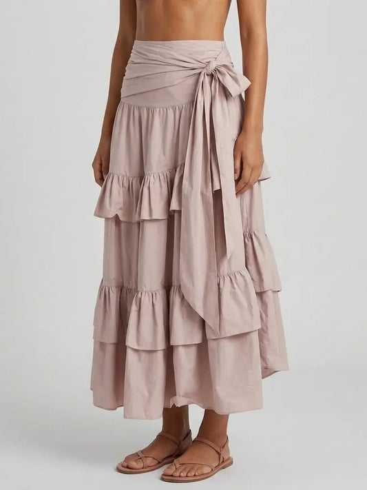 Ruffle Tiered Cotton Midi Skirt with Tie Waist - Skirts