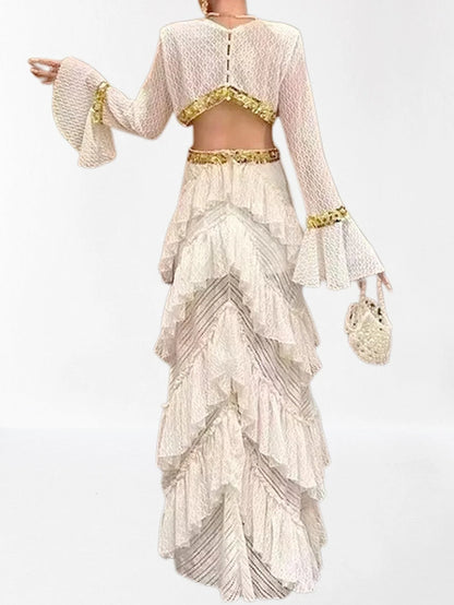 Ruffle Tiered Sequin Cut Out Lace Gown