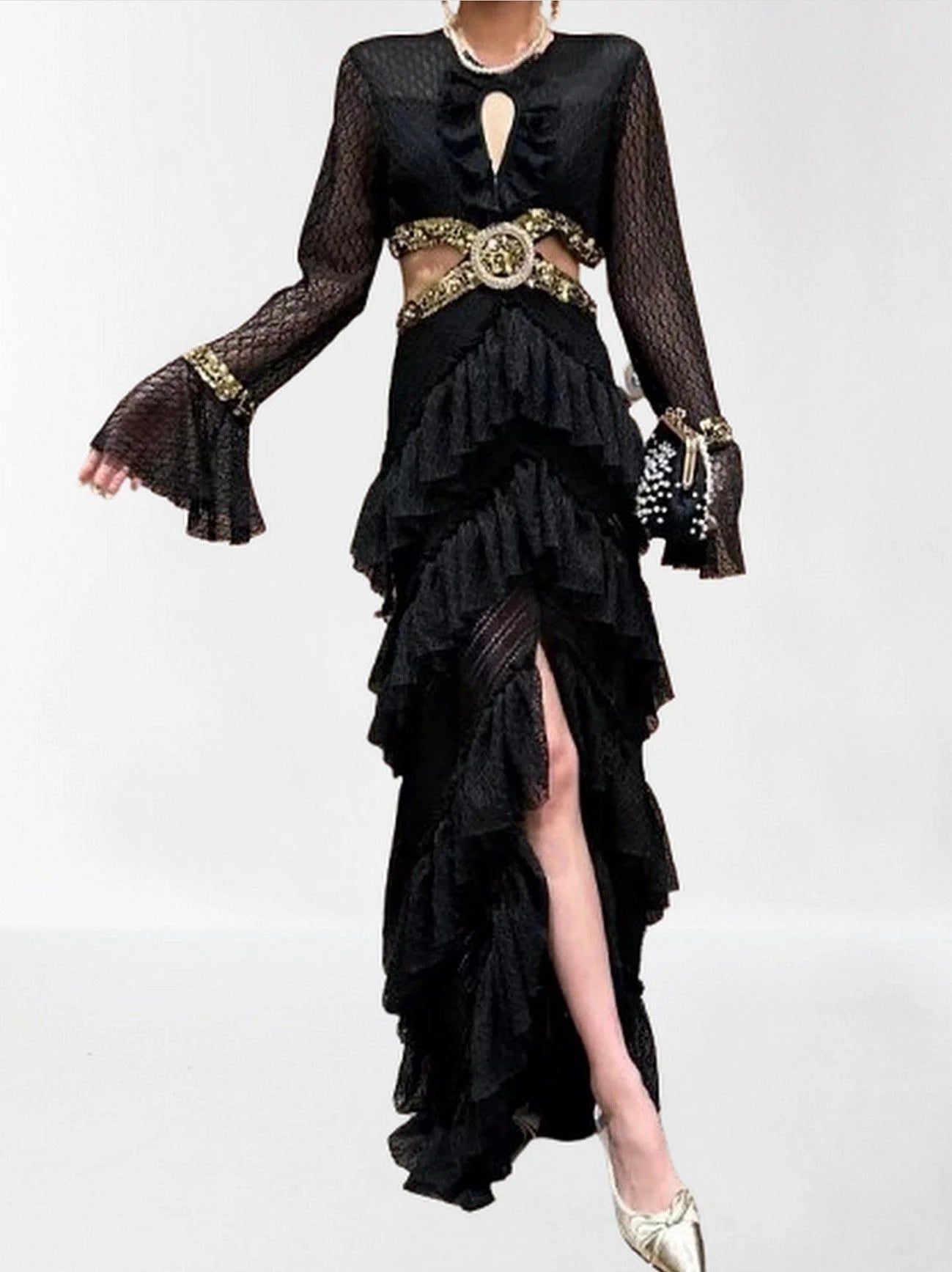 Ruffle Tiered Sequin Cut Out Lace Gown