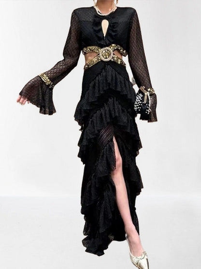Ruffle Tiered Sequin Cut Out Lace Gown