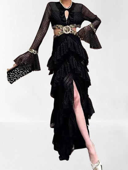 Ruffle Tiered Sequin Cut Out Lace Gown