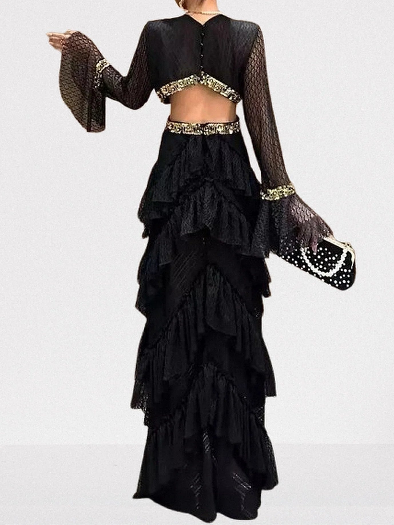 Ruffle Tiered Sequin Cut Out Lace Gown
