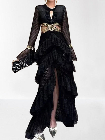 Ruffle Tiered Sequin Cut Out Lace Gown S / Black
