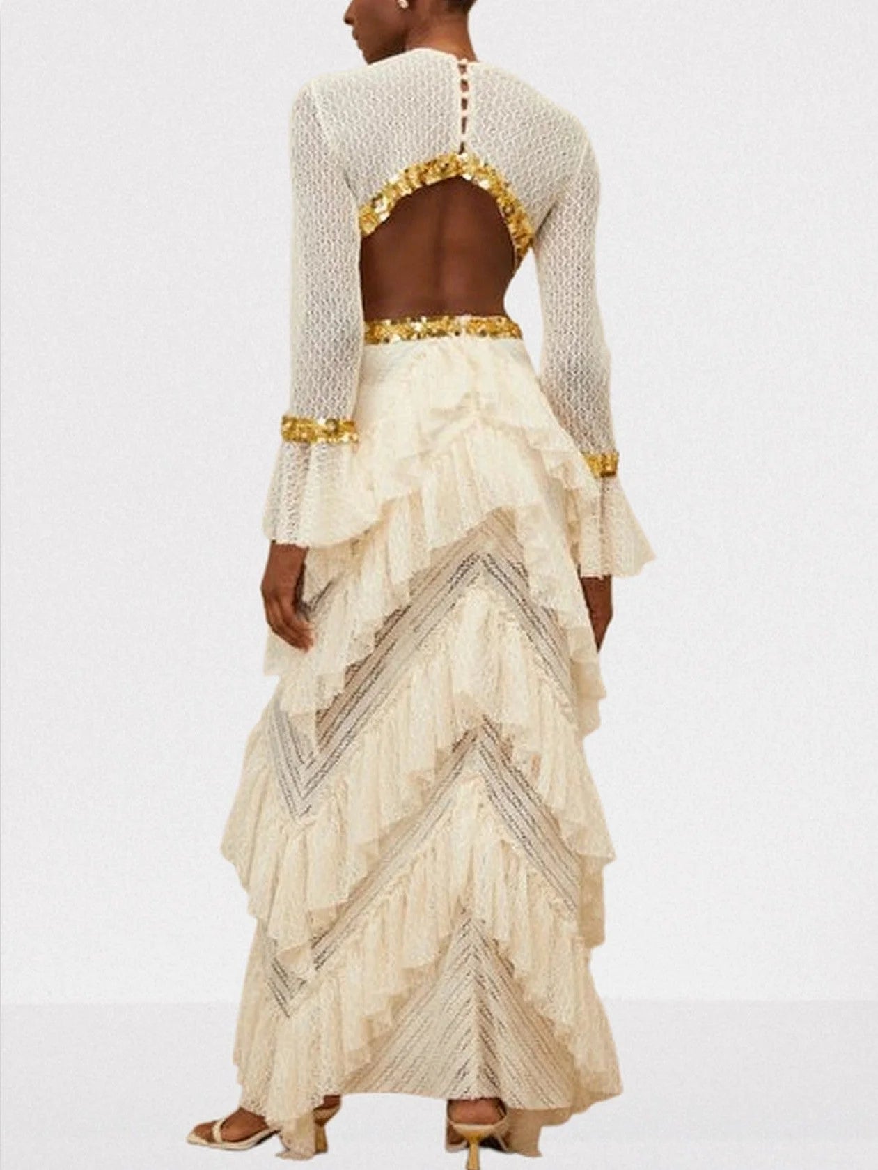 Ruffle Tiered Sequin Cut Out Lace Gown