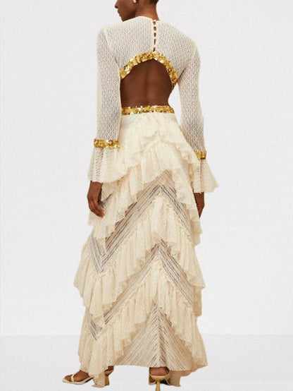 Ruffle Tiered Sequin Cut Out Lace Gown