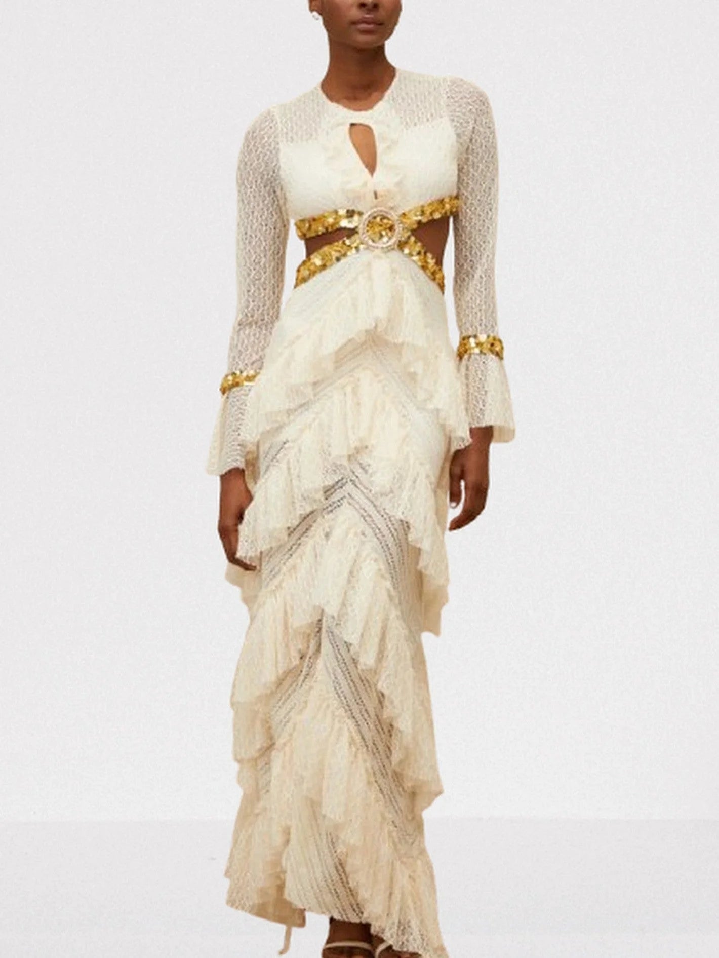 Ruffle Tiered Sequin Cut Out Lace Gown