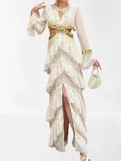 Ruffle Tiered Sequin Cut Out Lace Gown