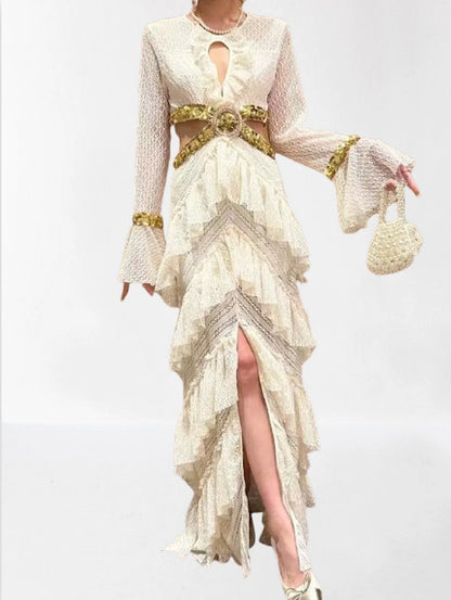 Ruffle Tiered Sequin Cut Out Lace Gown