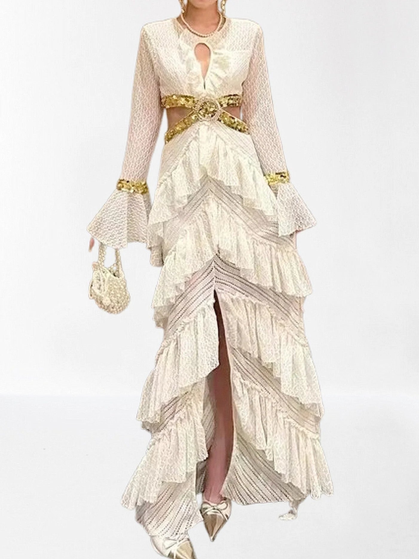 Ruffle Tiered Sequin Cut Out Lace Gown