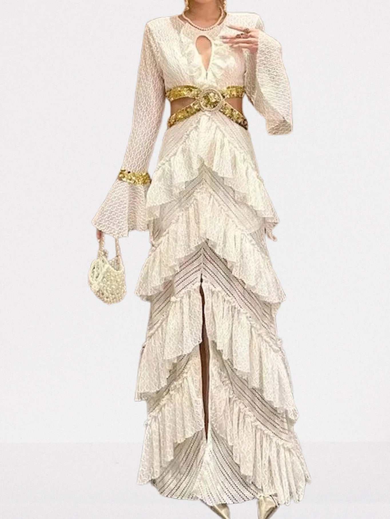 Ruffle Tiered Sequin Cut Out Lace Gown