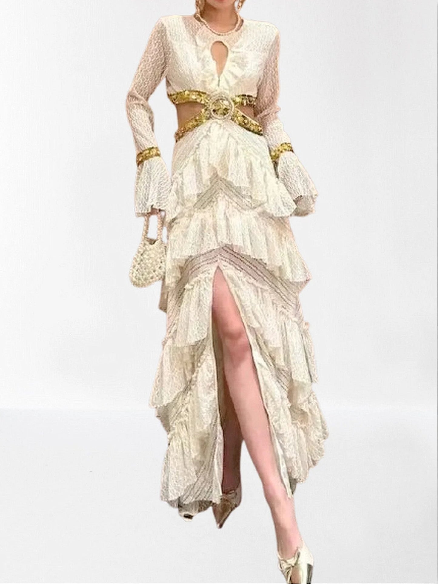 Ruffle Tiered Sequin Cut Out Lace Gown
