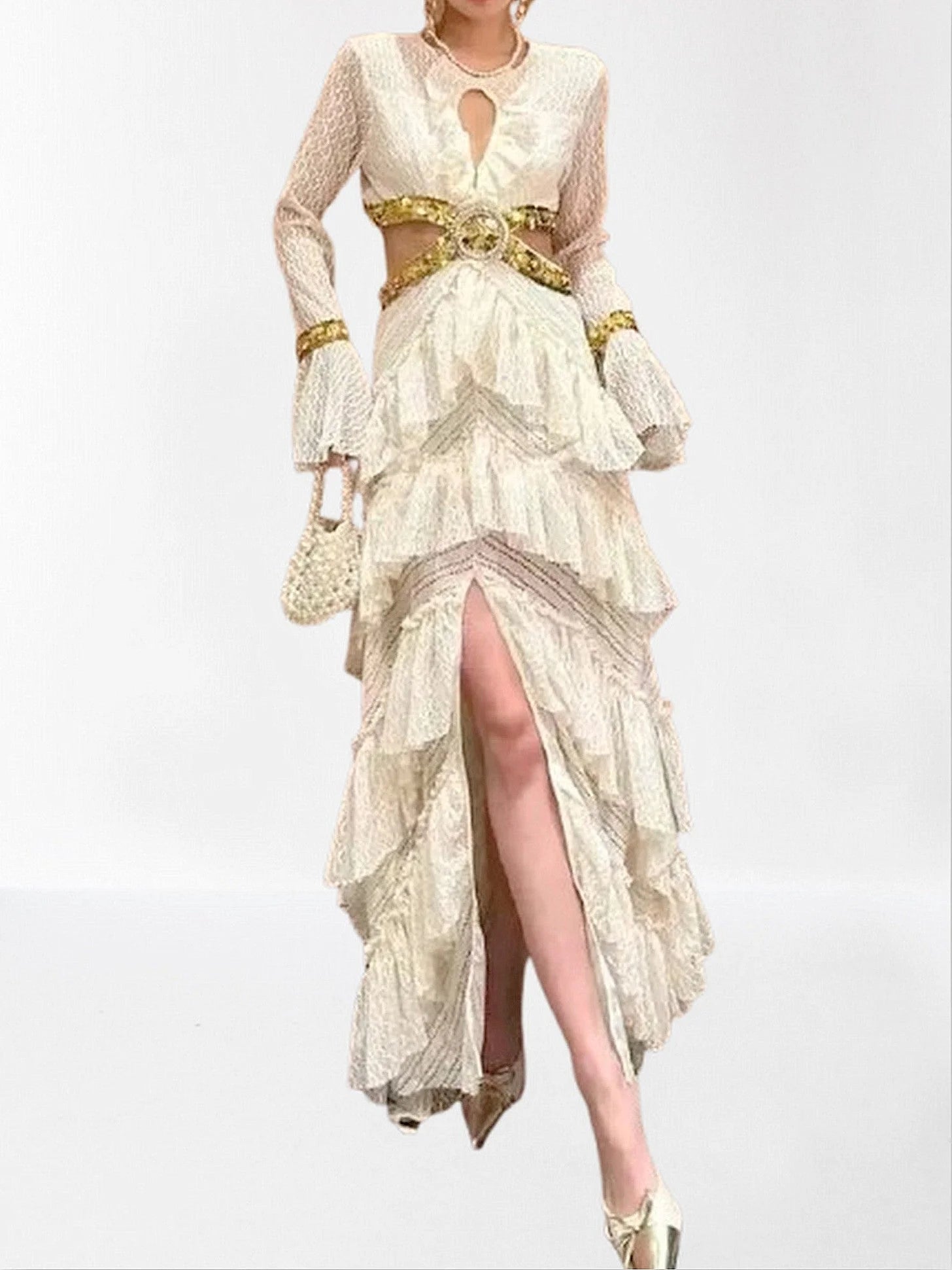 Ruffle Tiered Sequin Cut Out Lace Gown