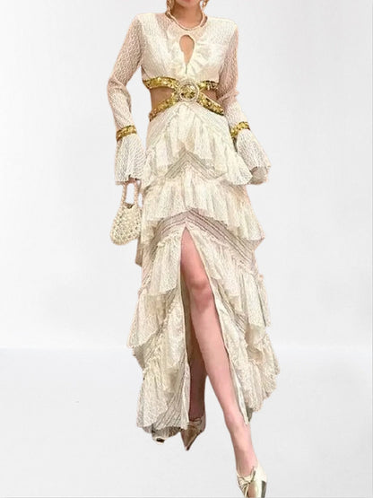 Ruffle Tiered Sequin Cut Out Lace Gown