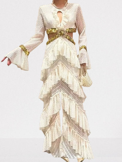 Ruffle Tiered Sequin Cut Out Lace Gown