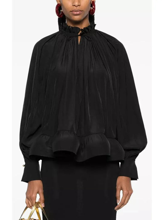 Ruffled Pleated Blouse, Black - Branna Couture